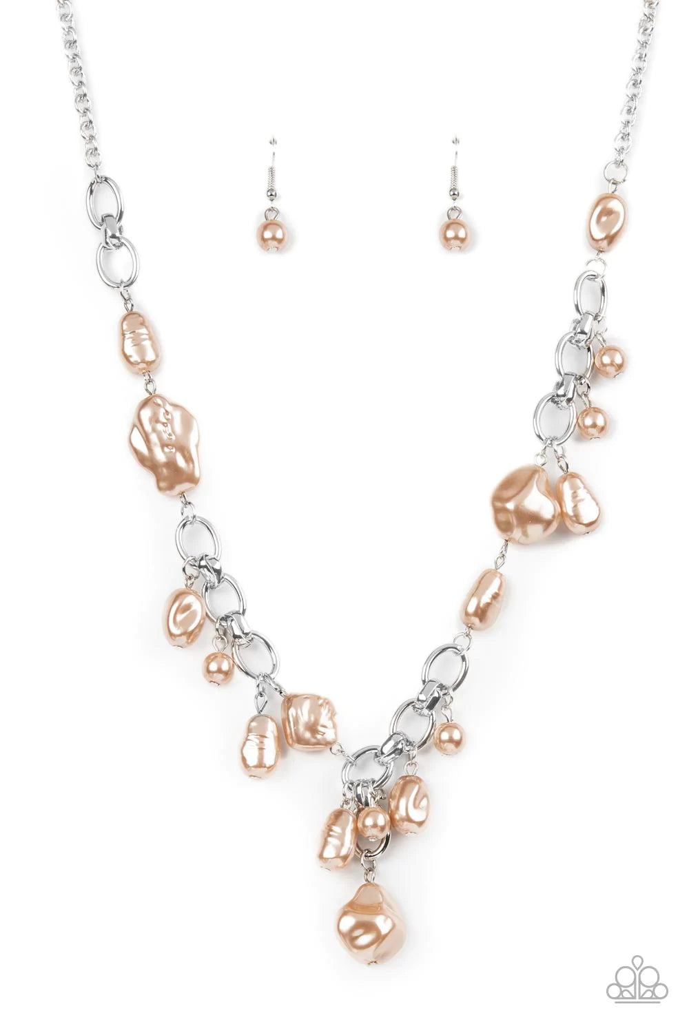 Paparazzi Accessories Nautical Nouveau - Brown A modern collection of asymmetrical pearly brown beads adorn sections of a chunky silver chain below the collar. Matching pearly beads sporadically trickle from the chain, resulting in a timelessly tasseled d