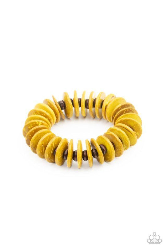 Paparazzi Accessories Caribbean Reels - Yellow White wooden beads and distressed yellow wooden discs alternate along a stretchy band around the wrist, creating a colorful pop of summer flavor. Jewelry