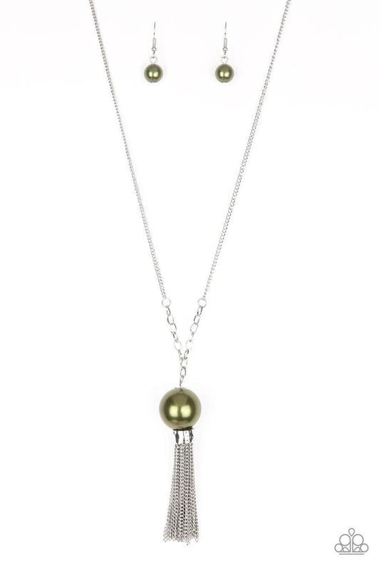 Paparazzi Accessories Belle of the BALLROOM - Green A dramatic pearly green bead swings from the bottom of an elegantly elongated silver chain. Featuring a hammered fitting, a silver tassel streams from the bottom of the colorful pendant for a whimsical f