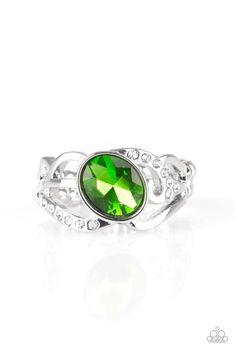 Paparazzi Accessories Couldn’t Care FLAWLESS - Green Encrusted in sections of glassy white rhinestones, shimmery silver filigree curls around a glittery green rhinestone center for a refined flair. Features a dainty stretchy band for a flexible fit. Jewel