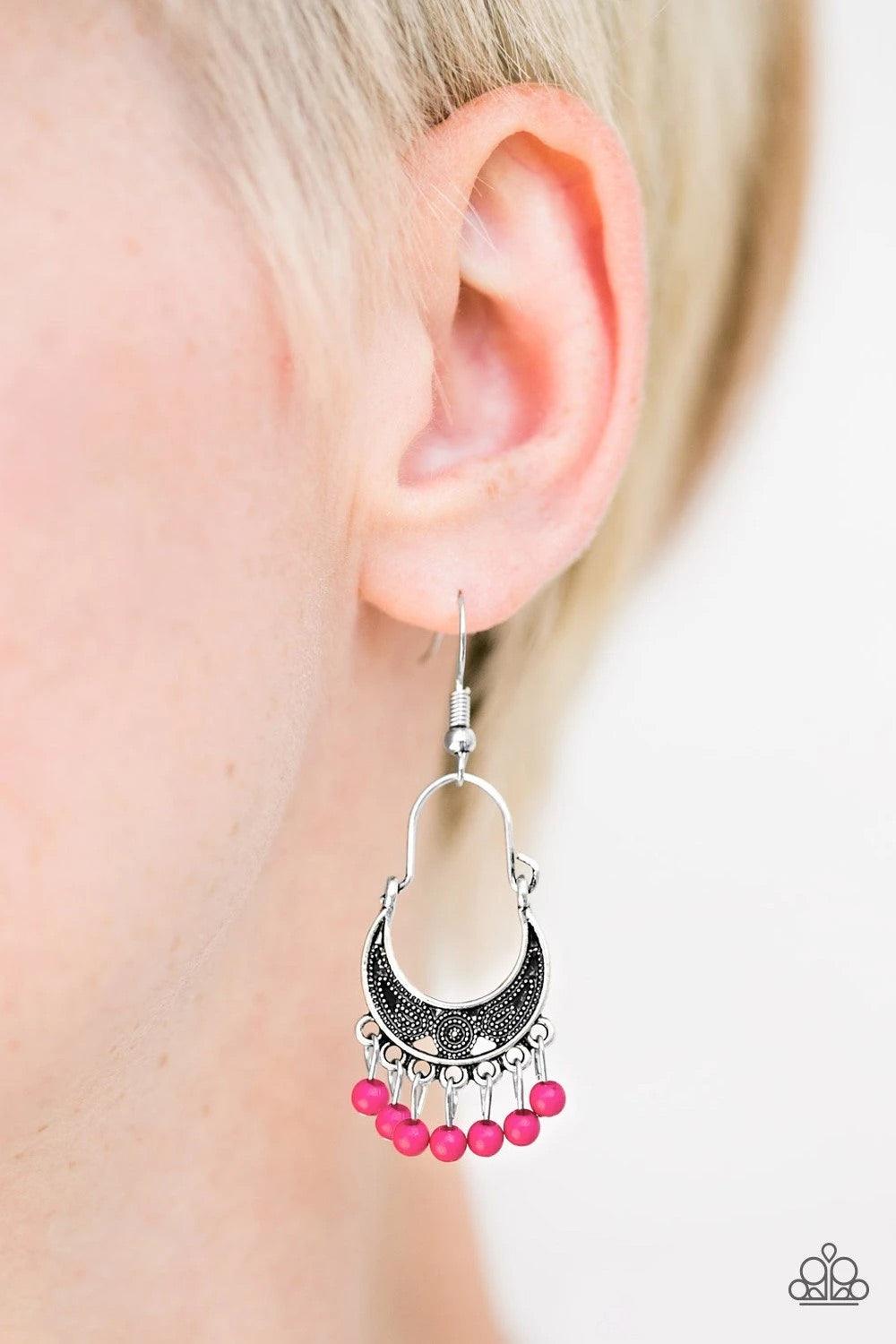 Paparazzi Accessories Hopelessly Houston - Pink Painted in the vivacious hue of Love Potion, dainty pink beads swing from the bottom of a crescent shaped frame, creating a flirty fringe. Earring attaches to a standard fishhook fitting. Sold as one pair of