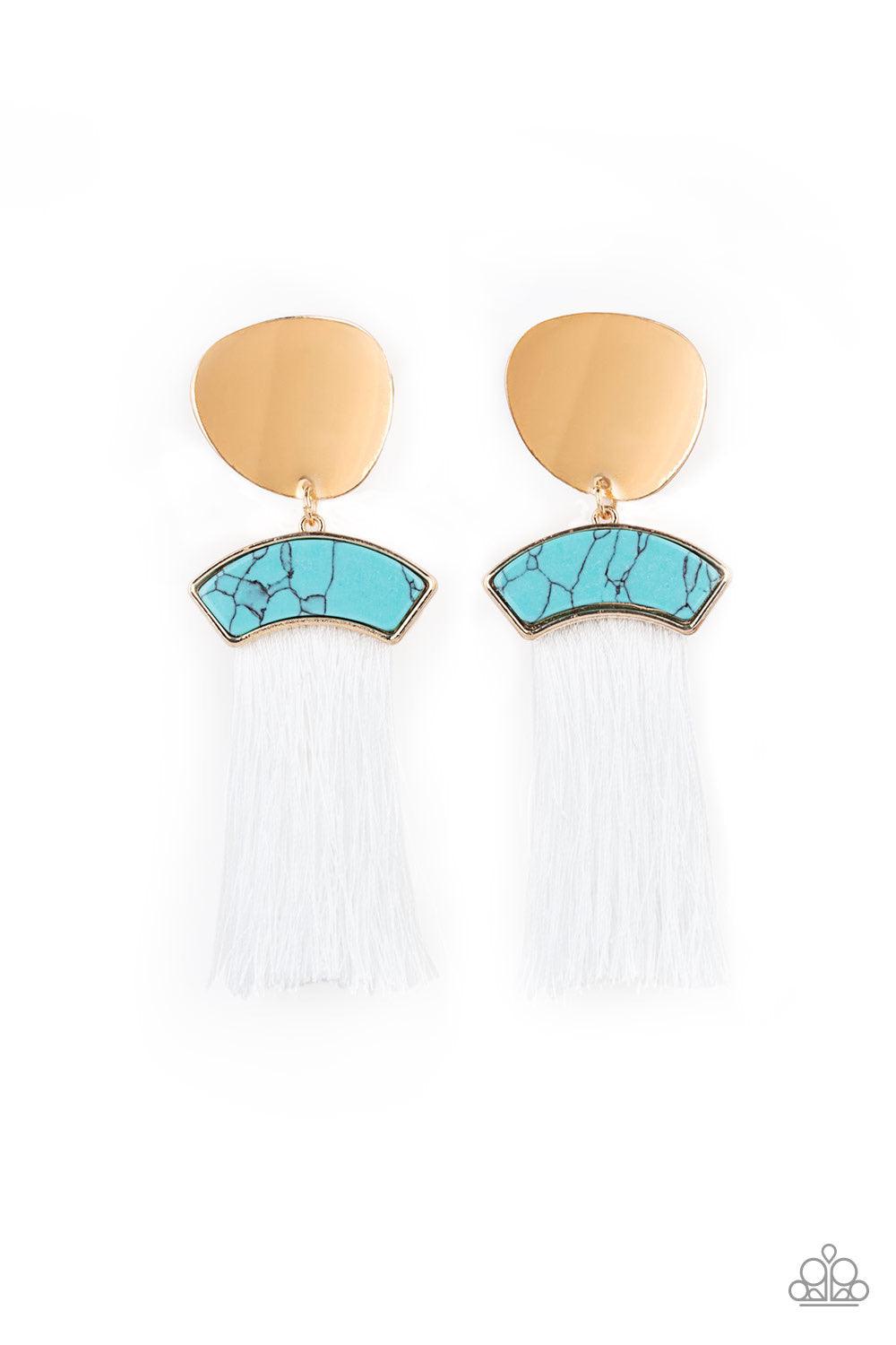 Paparazzi Accessories Insta Inca - Blue A plume of shiny white thread streams from the bottom of a turquoise stone frame that links with an asymmetrical gold disc, creating a flirtatious tassel. Earring attaches to a standard post fitting. Jewelry