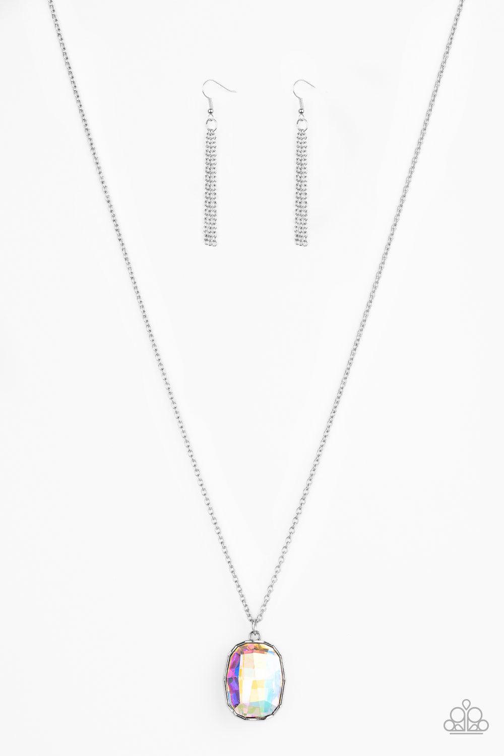 Paparazzi Accessories Imperfect Iridescence - Multi Featuring an oil spill finish, an imperfect gem is pressed into the center of an edgy silver frame at the bottom of a lengthened silver chain for a glitzy look. Features an adjustable clasp closure. Sold