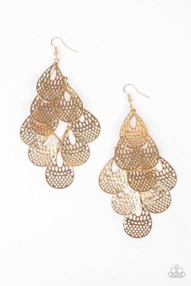 Paparazzi Accessories Lure Them In -Gold Stenciled in airy detail, shiny gold teardrops cascade from the ear, coalescing into a whimsical lure. Earring attaches to a standard fishhook fitting. Jewelry