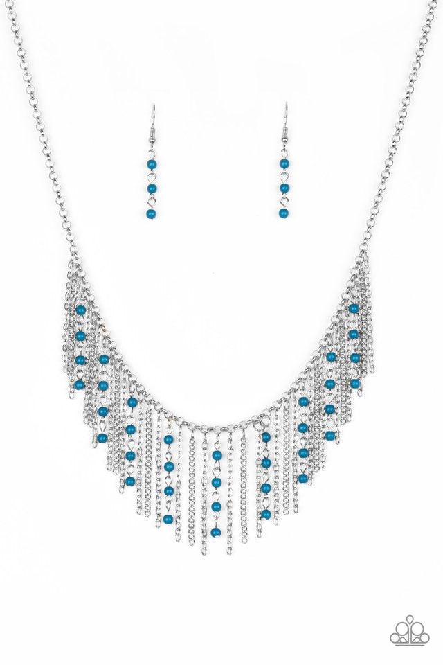 Paparazzi Accessories Harlem Hideaway - Blue Infused with blue beaded tassels, shimmery silver chains stream below the collar, creating a colorful fringe. Features an adjustable clasp closure. Sold as one individual necklace. Includes one pair of matching
