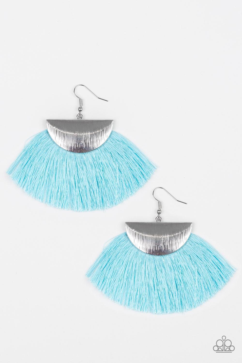 Paparazzi Accessories Fox Trap - Blue A fan of shiny blue thread flares out from the bottom of a shimmery silver crescent frame, creating a foxy fringe. Earring attaches to a standard fishhook fitting. Jewelry