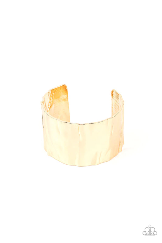 Paparazzi Accessories Modern Metallurgy - Gold A warped gold cuff ripples and crinkles, creating an oversized industrial statement around the wrist. Sold as one individual bracelet. Jewelry