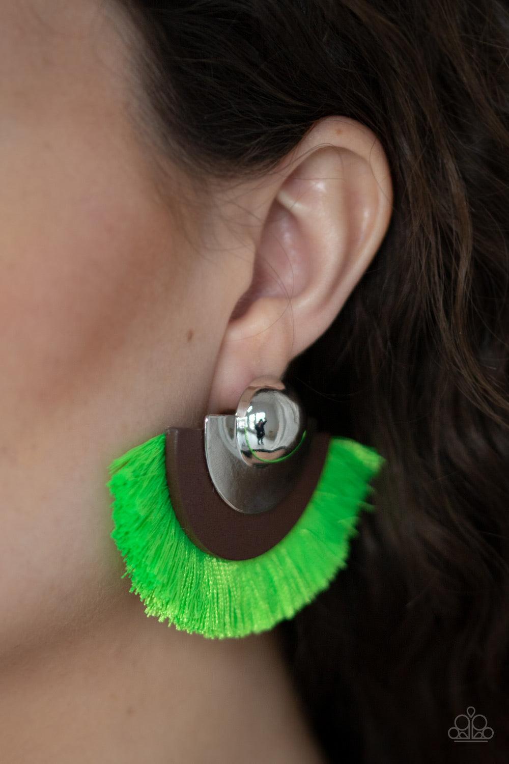 Paparazzi Accessories Fan The FLAMBOYANCE - Green Neon green thread fans from the bottom of a retro silver and wooden frame, creating a vivacious fringe. Earring attaches to a standard post fitting. Jewelry