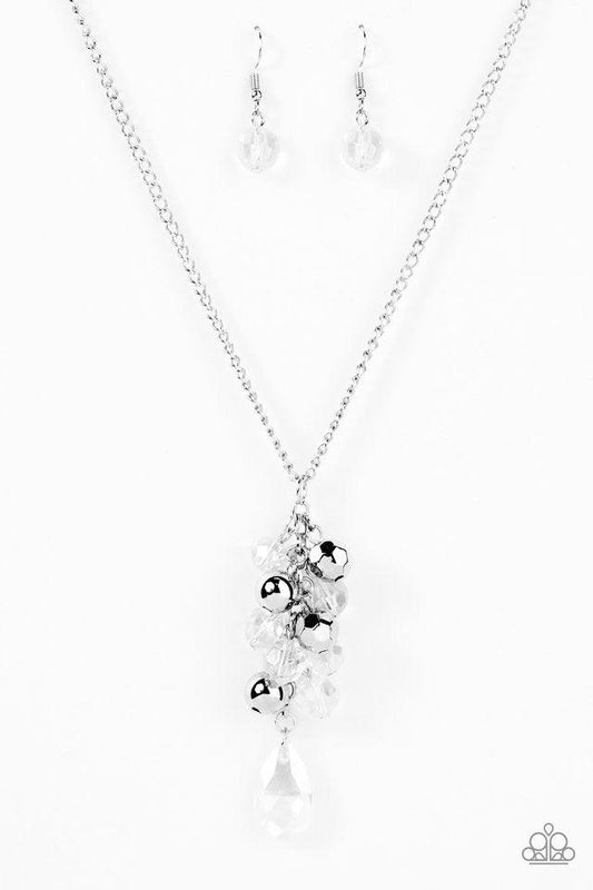 Paparazzi Accessories Somewhere Over The Glitter RAINBOW - White Faceted white, silver, and iridescent crystal beads trickle from the bottom of a lengthened silver chain, creating a clustered pendant. Infused with classic silver beads, a faceted white tea