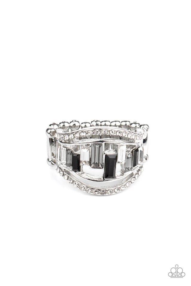 Paparazzi Accessories Treasure Chest Charm - Black White rhinestone encrusted bands flank a row of emerald cut glass beads in shades of black, gray, and white for a regal look. Features a stretchy band for a flexible fit. Sold as one individual ring. Jewe