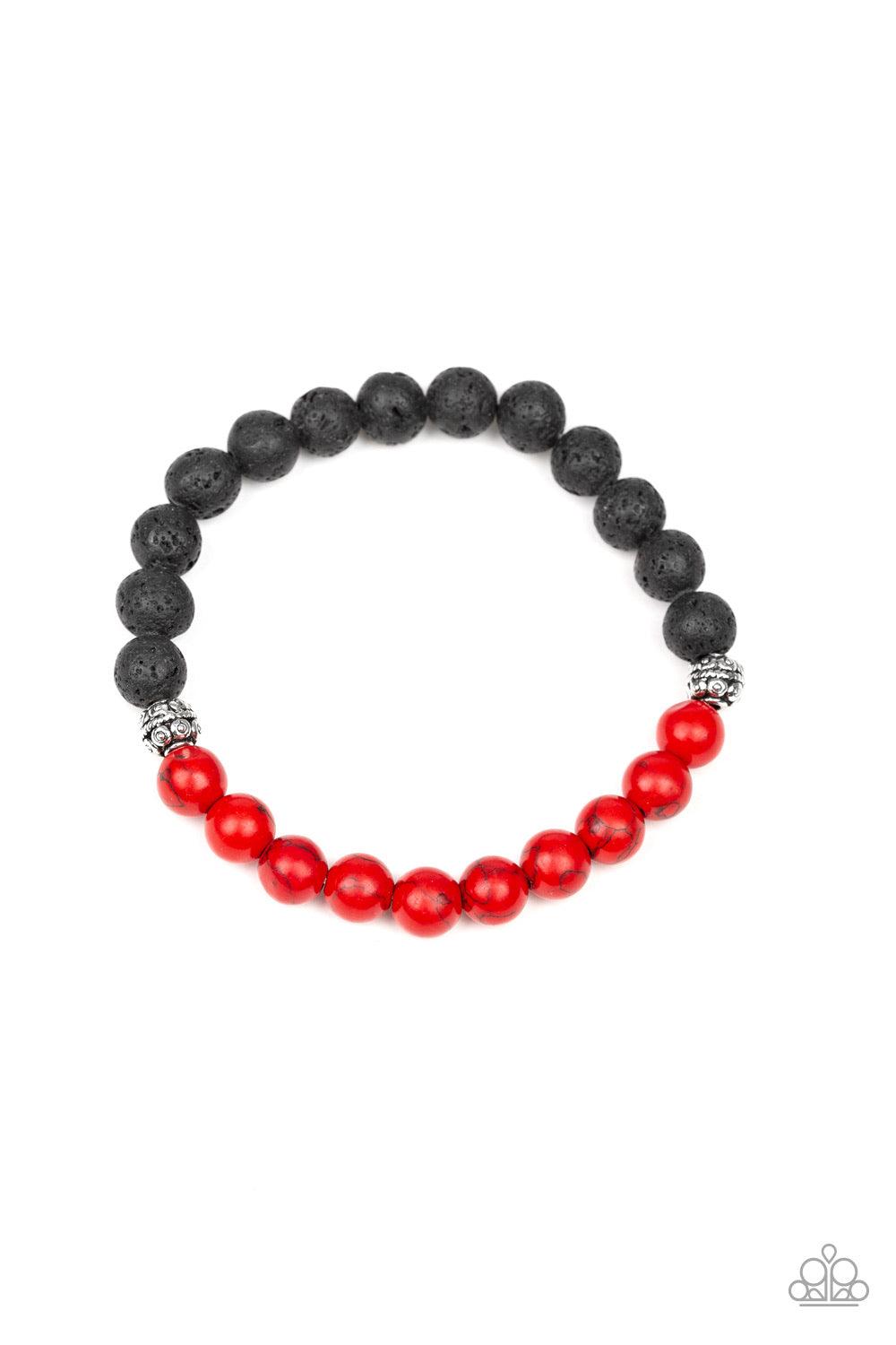 Paparazzi Accessories Fortune - Red Infused with dainty silver accents, a collection of black lava rock and fiery red stone beads are threaded along a stretchy band around the wrist for a seasonal style. Jewelry