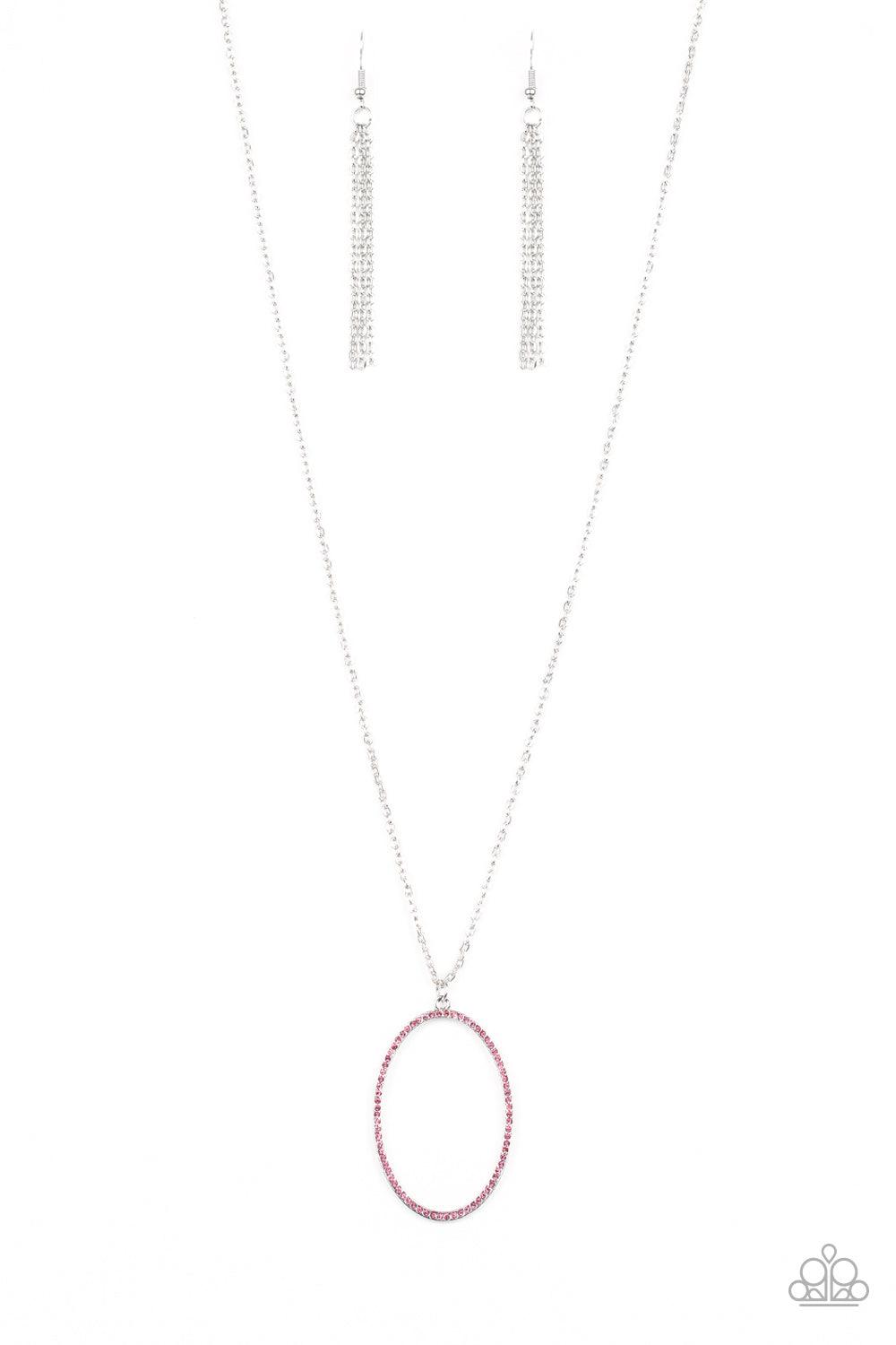 Paparazzi Accessories A Dazzling Distraction - Pink Encrusted in glassy pink rhinestones, an airy silver hoop swings from the bottom of a lengthened silver chain for a refined flair. Features an adjustable clasp closure. Sold as one individual necklace. I