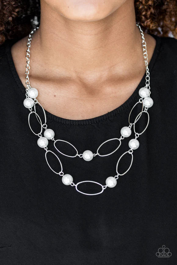 Paparazzi Accessories Best Of Both POSH-ible - White Two rows of white pearls and silver oval frames alternate below the collar, creating luminescent layers. Features an adjustable clasp closure. Sold as one individual necklace. Includes one pair of match