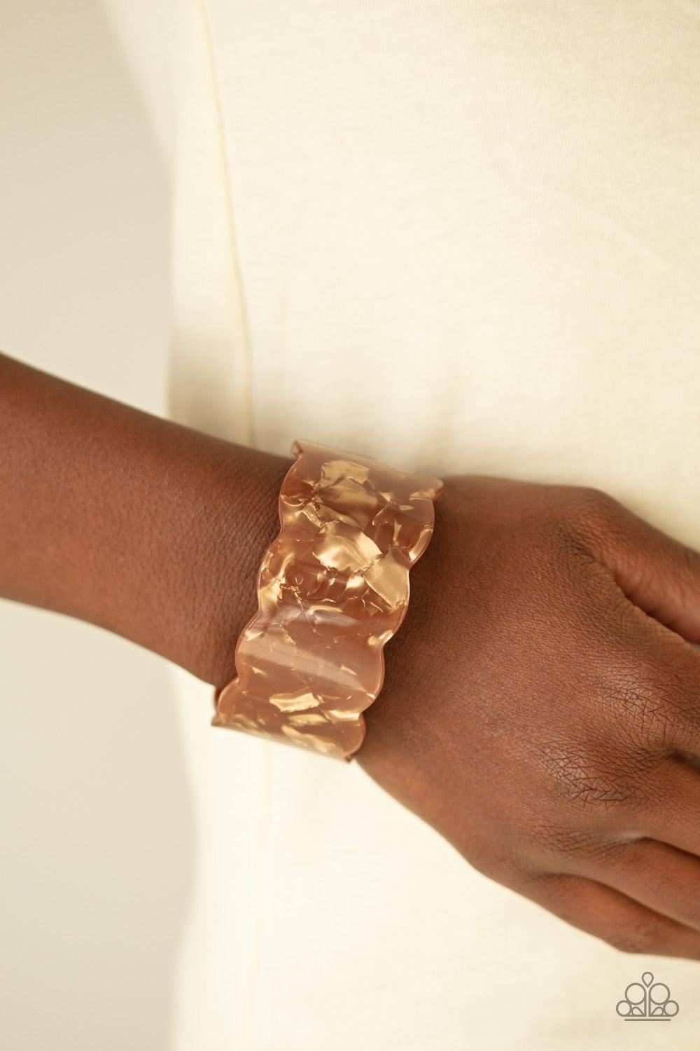 Paparazzi Accessories Retro Ruffle - Brown Flecked in shimmer, a scalloped brown acrylic cuff waves across the wrist for a colorfully retro look. Jewelry