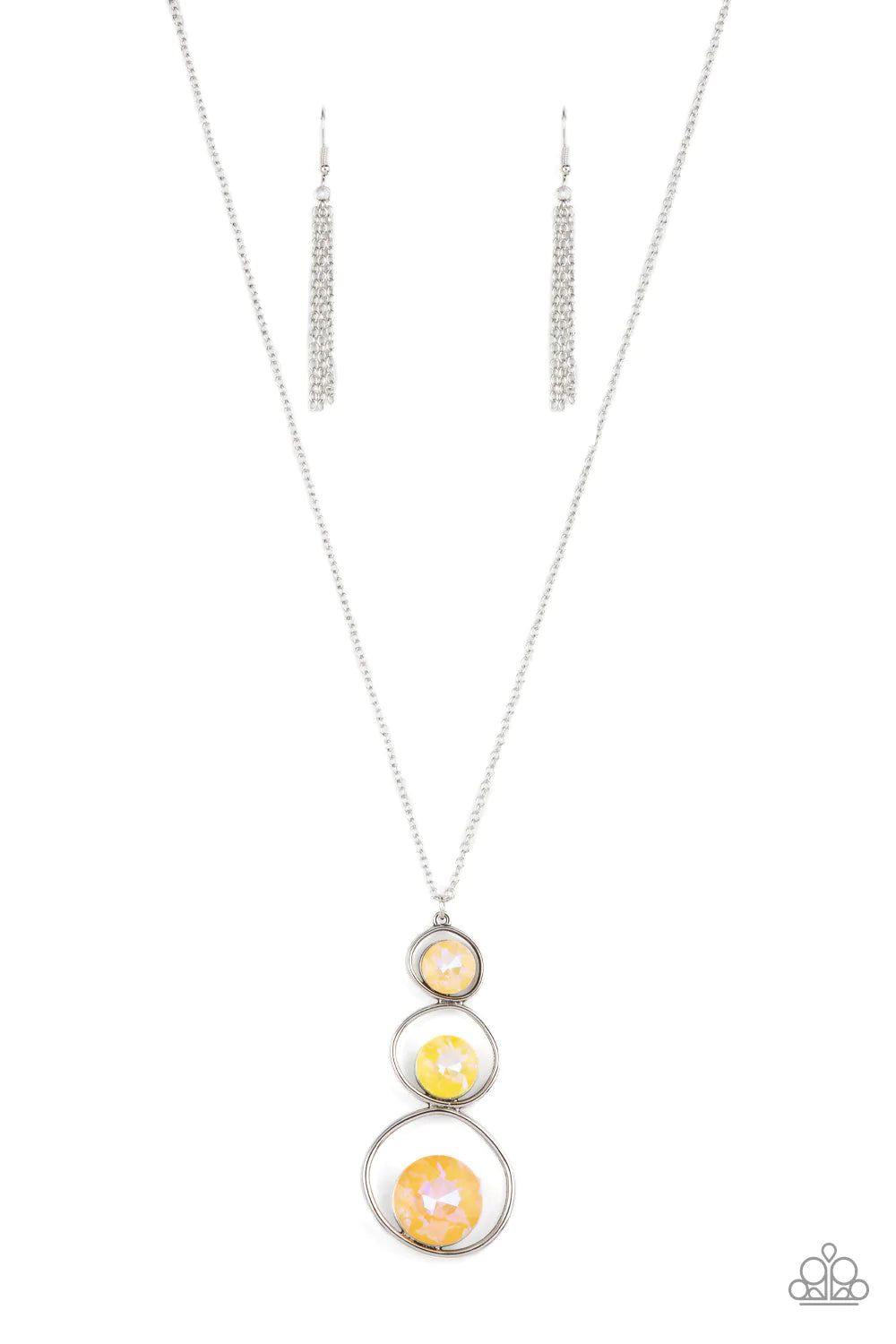 Paparazzi Accessories Celestial Courtier - Yellow A sparkly ombré of iridescent yellow gems adorn the bottoms of three silver hoops that gradually increase in size as they stack into an asymmetrical pendant. The glowing pendant swings from the bottom of a