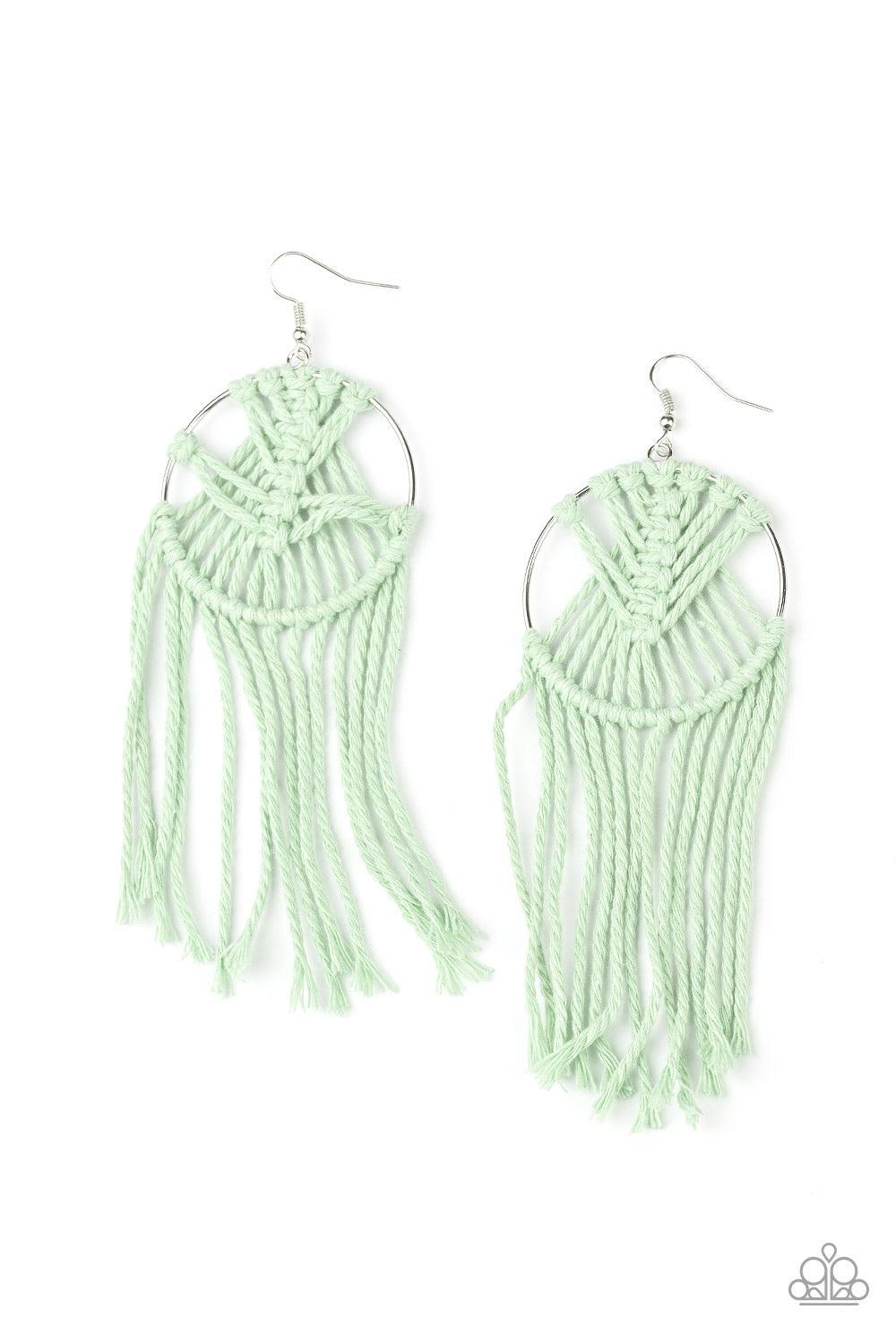 Paparazzi Accessories MACRAME, Myself And I - Green Soft minty green twine is decoratively knotted around a silver hoop, creating a trendy tassel. Earring attaches to a standard fishhook fitting. Jewelry