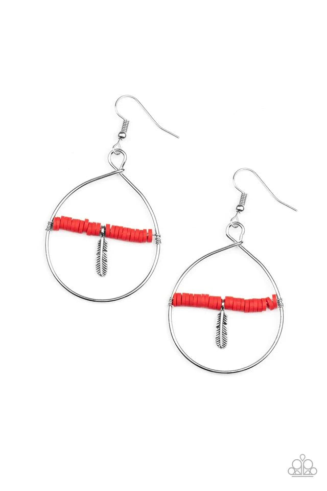 Paparazzi Accessories Free Bird Freedom White: Infused with a dainty silver feather charm, a dainty row of rubbery white discs are threaded along a metallic rod inside an airy silver hoop for a free-spirited fashion. Earring attaches to a standard fishhoo