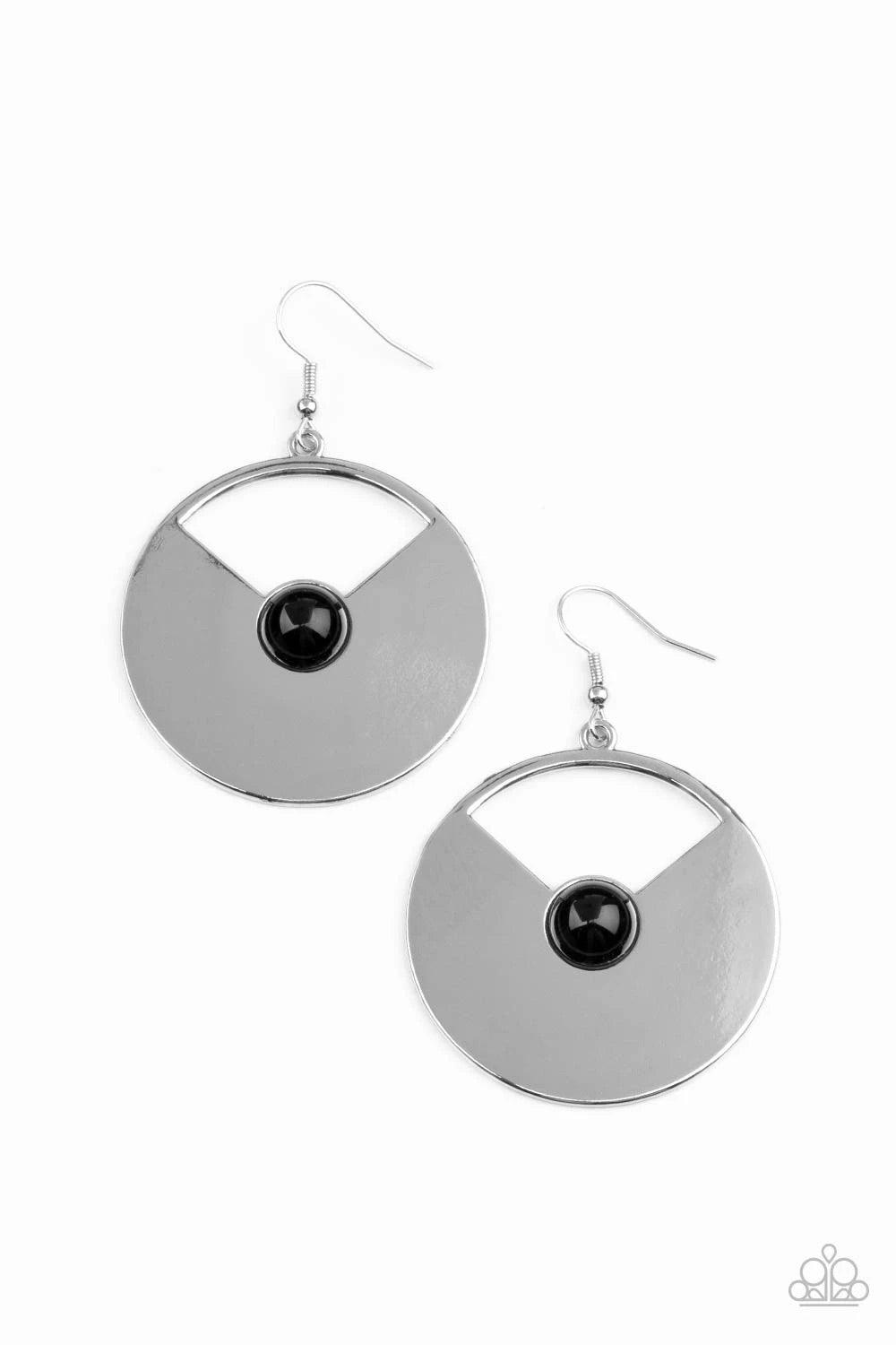 Paparazzi Accessories Record-Breaking Brilliance - Black Dotted with a black bead center, a slice of metal has been removed from an oversized silver disc for a retro effect. Earring attaches to a standard fishhook fitting. Sold as one pair of earrings. Je