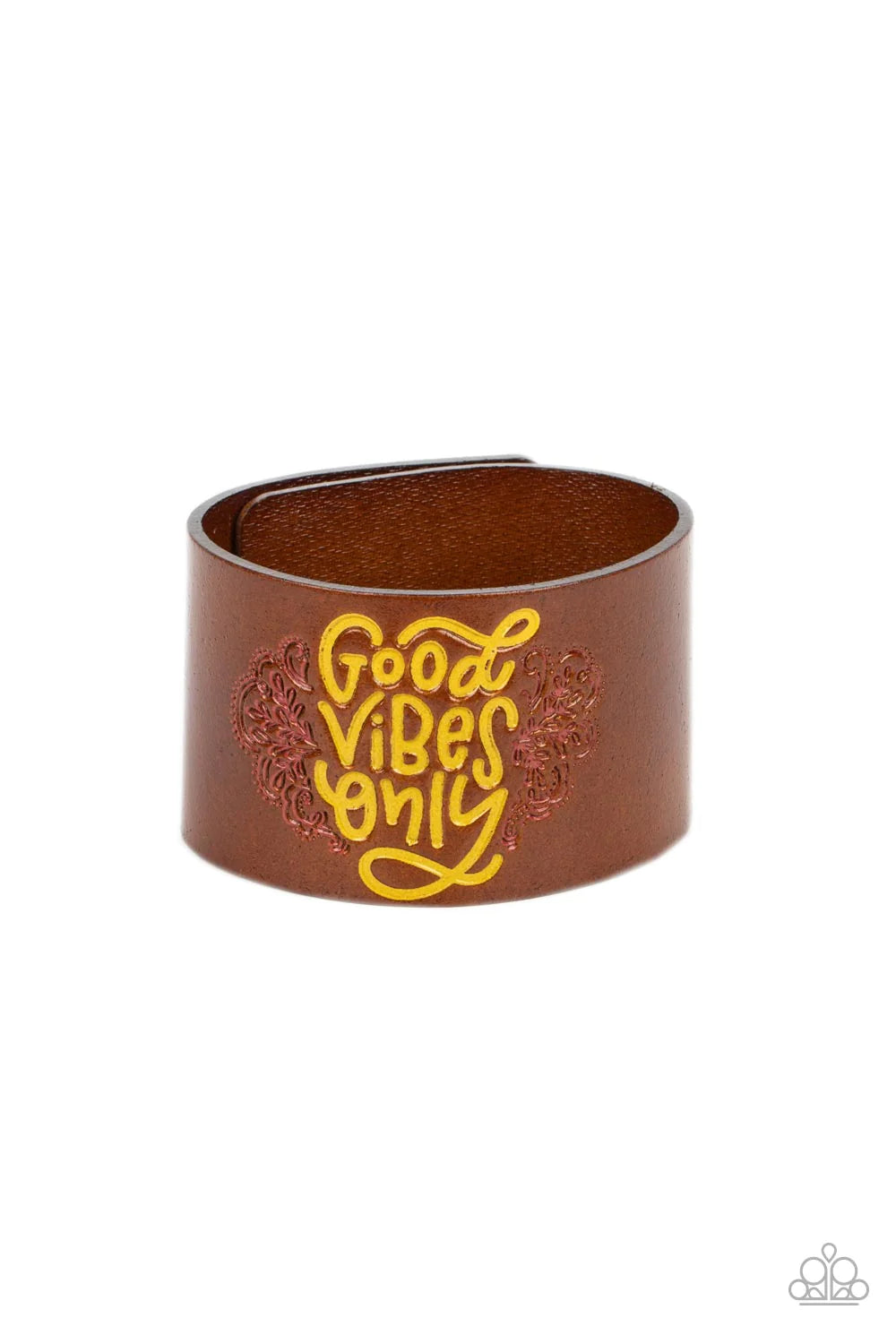 Paparazzi Accessories Easy Energy - Yellow A thick band of brown leather is stamped with the upbeat message, Good Vibes Only, in a vibrant shade of Primrose Yellow. Vine-like patterns bloom around the curling font, creating a paisley pattern tinted in pin