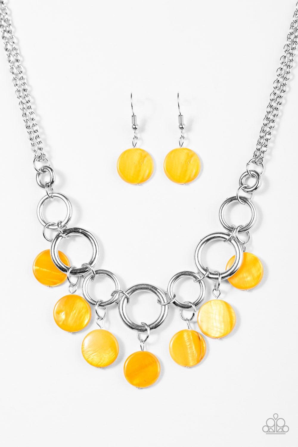Paparazzi Accessories Coastal Adventure - Yellow Brushed in a shell-like iridescence, shiny yellow beading swings from the bottom of bold silver hoops, creating a colorful fringe below the collar. Features an adjustable clasp closure. Jewelry
