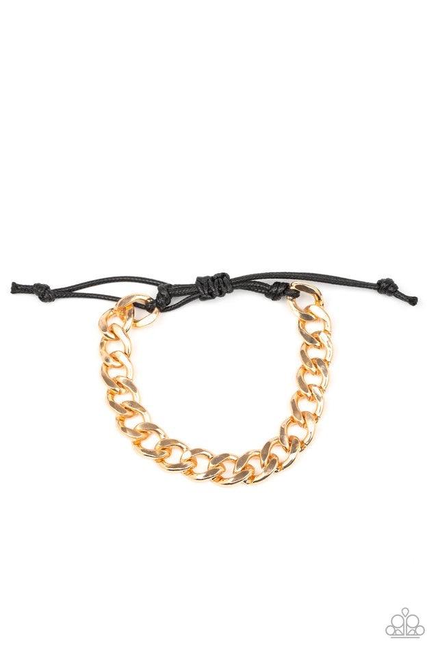 Paparazzi Accessories Renegade - Gold Shiny black cording knots around the ends of a thick gold beveled cable chain that is wrapped across the top of the wrist for a versatile look. Features an adjustable sliding knot closure. Jewelry