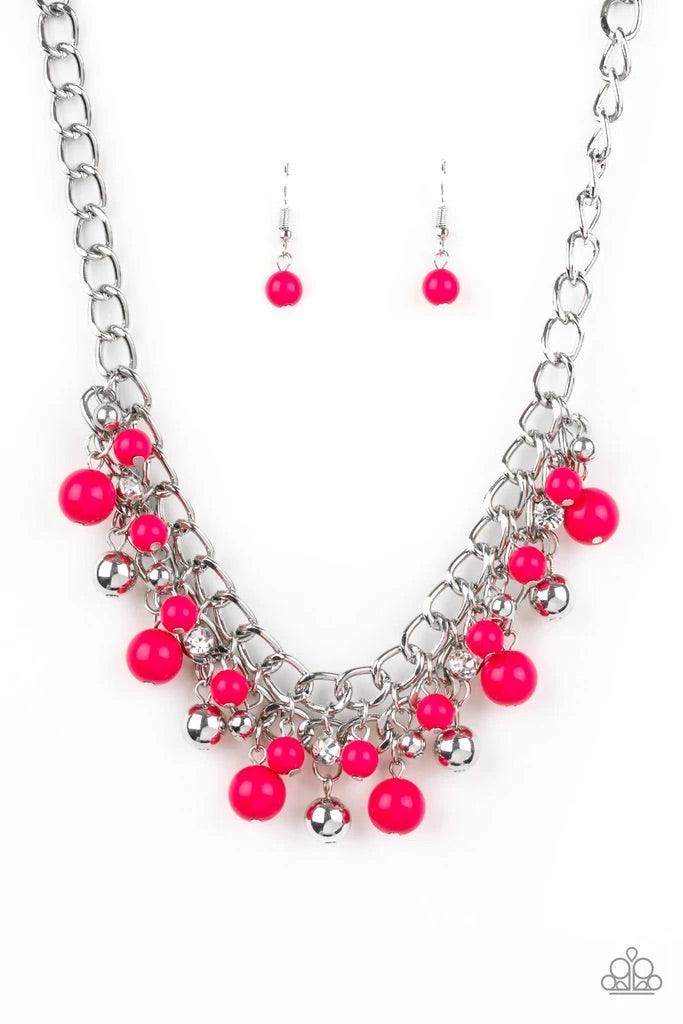Paparazzi Accessories The Bride to BEAD - Pink Varying in size, a collection of vivacious pink and shiny silver beads swing from the bottom of interlocking silver chains below the collar. A row of glassy white rhinestones are sprinkled along the colorful