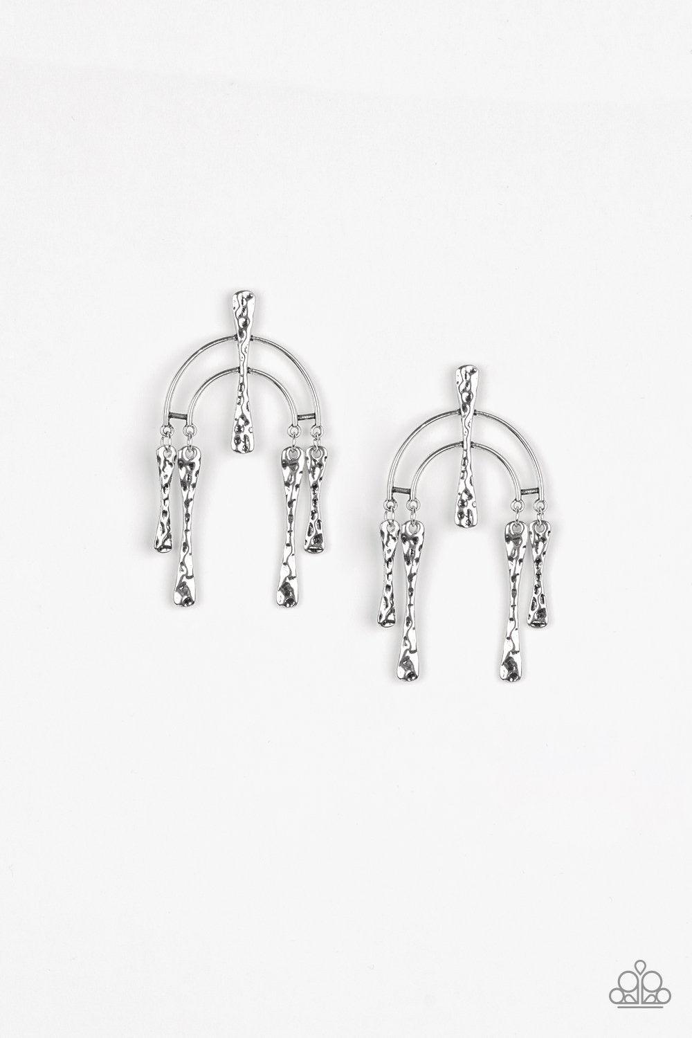 Paparazzi Accessories ARTIFACTS of Life - Silver Hammered bars dangle from the ends of a bowing silver frame, creating an abstract lure. A matching silver bar adorns the center of the frame for a handcrafted finish. Earring attaches to a standard post fit