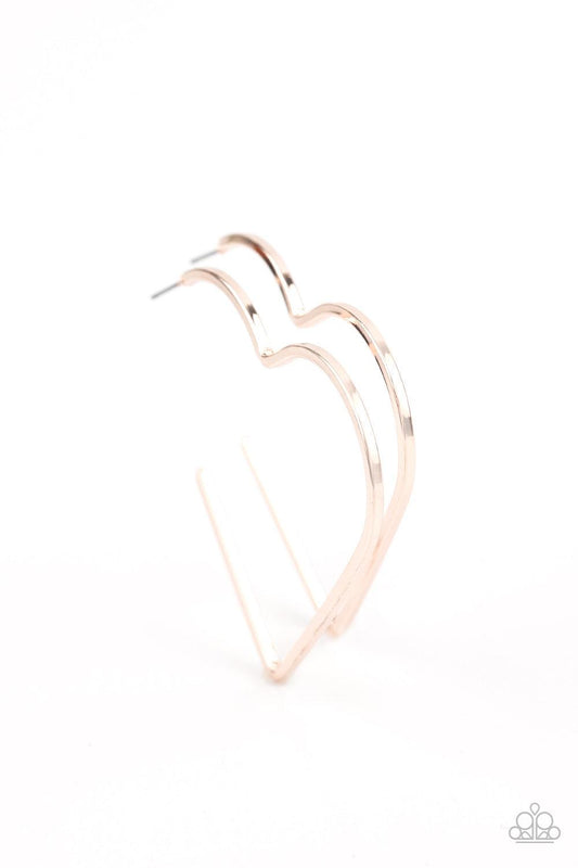 Paparazzi Accessories I HEART a Rumor - Rose Gold A flat rose gold bar delicately bends into an airy heart frame for a flirtatious finish. Earring attaches to a standard post fitting. Hoop measures approximately 2" in diameter. Sold as one pair of hoop ea