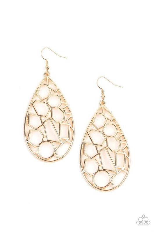 Paparazzi Accessories Reshaped Radiance - Gold An abstract collection of airy gold circles, rectangles, and trapezoidal shapes collide together, coalescing into a shattered lure. Earring attaches to a standard fishhook fitting. Sold as one pair of earring