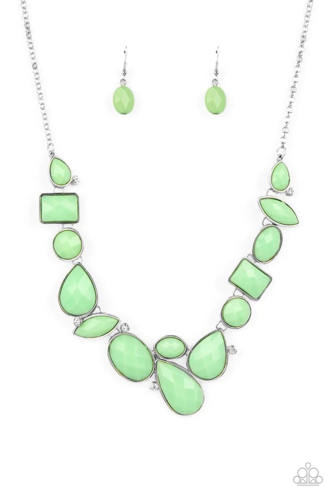Paparazzi Accessories Mystical Mirage - Green Encased in sleek silver frame, minty green beads create refreshing fringe below the collar. Features an adjustable clasp closure. Sold as one individual necklace with matching earrings. Paparazzi accessories a