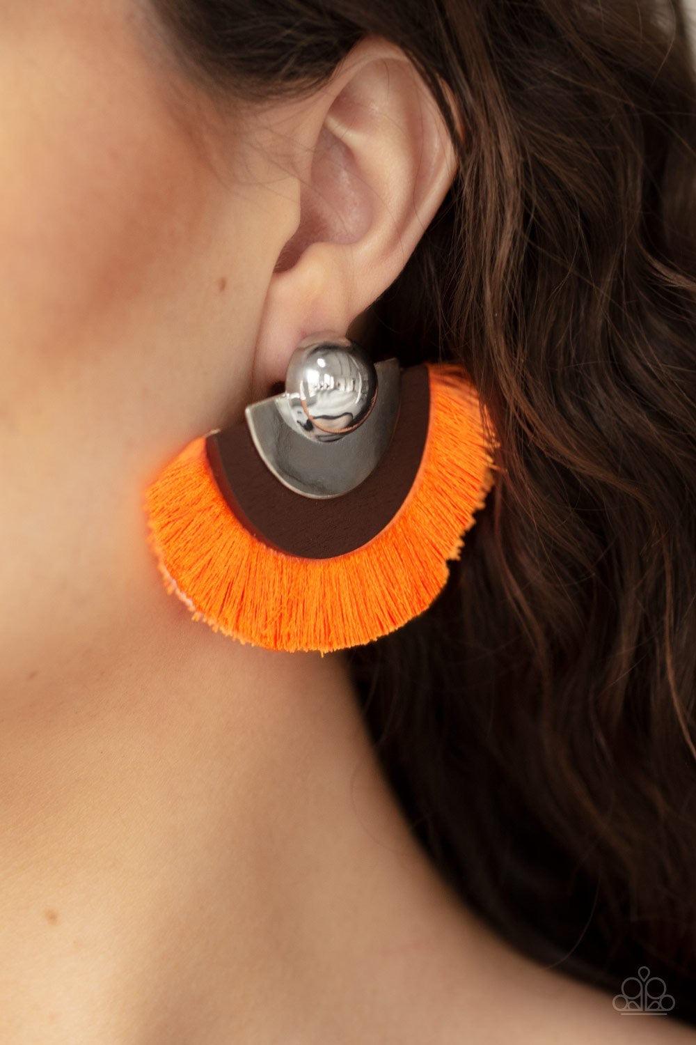 Paparazzi Accessories Fan the FLAMBOYANCE - Orange Neon orange thread fans from the bottom of a retro silver and wooden frame, creating a vivacious fringe. Earring attaches to a standard post fitting. Sold as one pair of post earrings. Jewelry