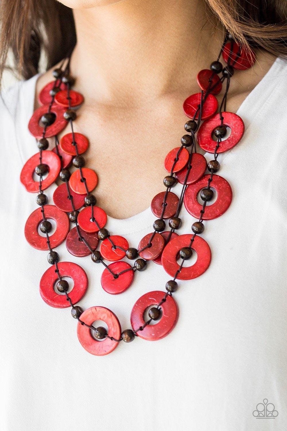 Paparazzi Accessories Catalina Coastin - Red Brushed in a shell-like iridescence, fiery red wooden discs and round brown wooden beads are knotted along three strands of brown cording for a summery look. Features a button loop closure. Jewelry