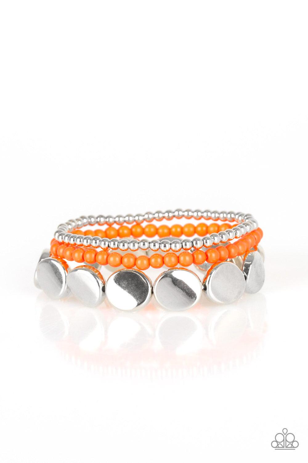 Paparazzi Accessories Beyond Basics - Orange Mismatched silver and orange beads and round silver accents are threaded along stretchy bands, creating colorful layers around the wrist. Sold as one set of three bracelets. Jewelry