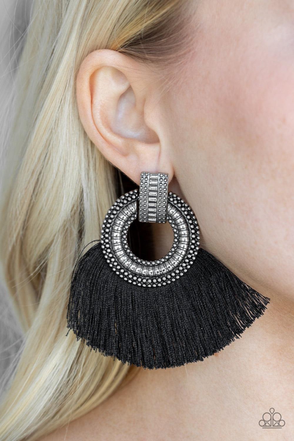 Paparazzi Accessories I Am Spartacus - Black A plume of shiny black thread flares out from the bottom of an ornate silver fitting, creating a fierce fringe. Earring attaches to a standard post fitting. Jewelry