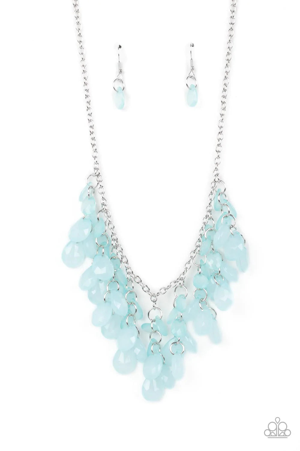 Paparazzi Accessories Crystal Cabaret - Blue Opaque trestles of glassy Spun Sugar teardrop beads colorfully cascade from a classic silver chain below the collar, creating a mystical fringe. Features an adjustable clasp closure. Sold as one individual neck