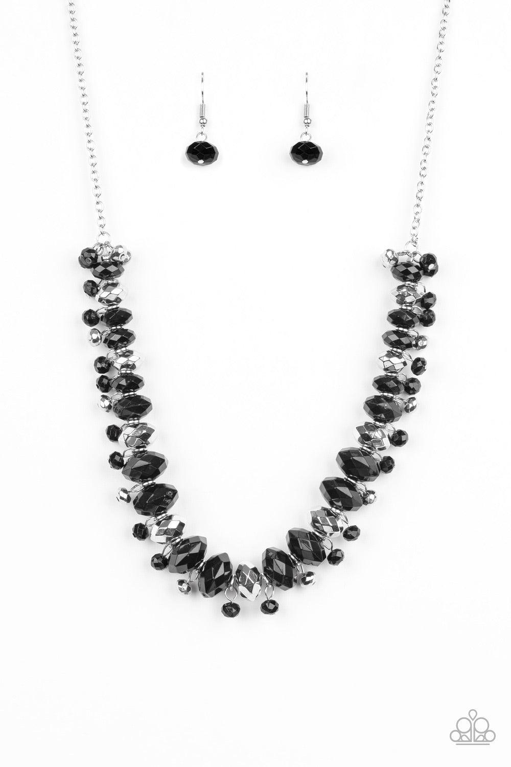 Paparazzi Accessories BRAGs To Riches - Black Faceted silver and black beads are threaded along an invisible wire below the collar. Dainty silver and black beads dangle from the colorful combination, creating an edgy fringe. Features an adjustable clasp c