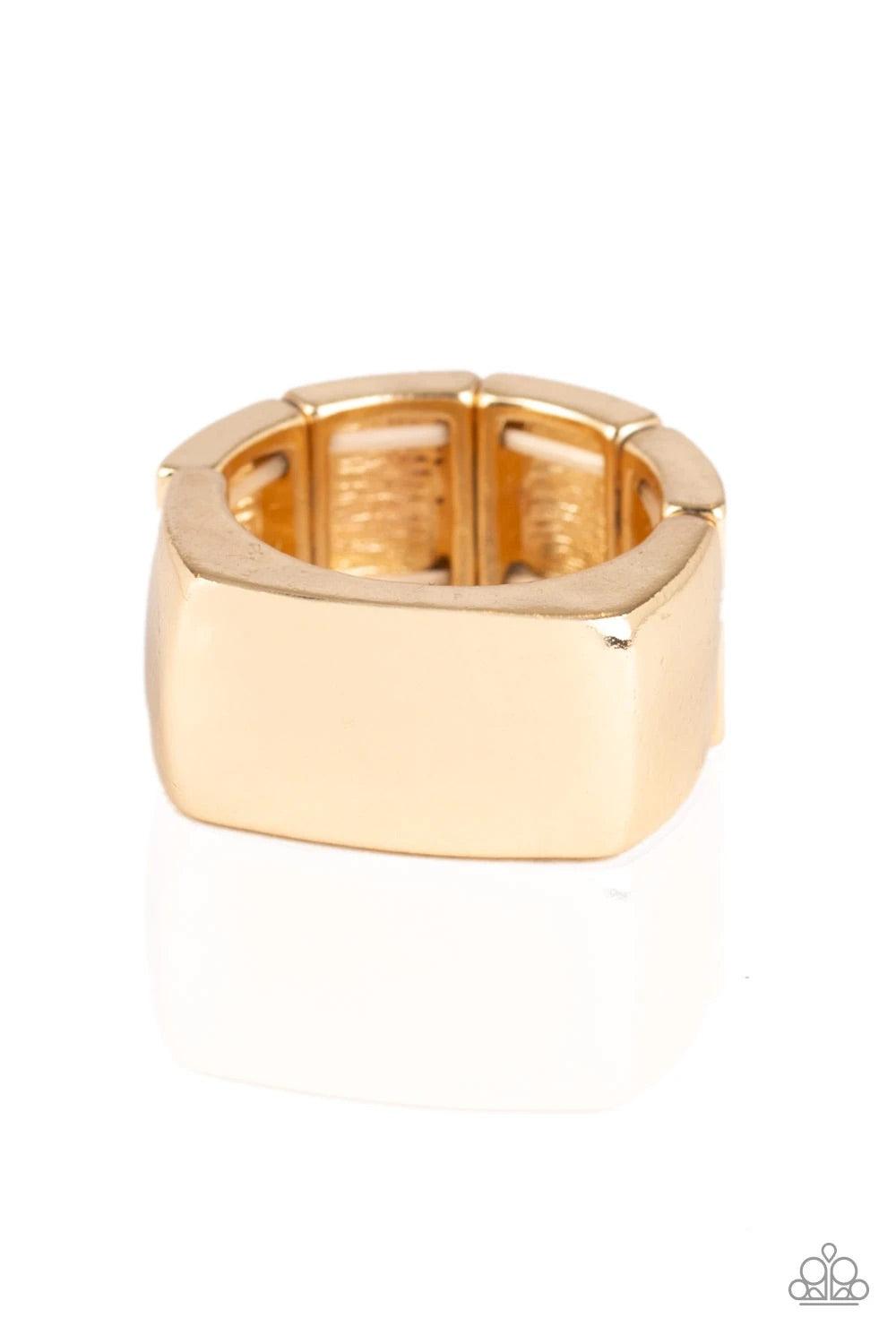 Paparazzi Accessories Straightforward - Gold Brushed in a high sheen finish, a reflective rectangular frame sits atop the finger for a sleek look. Features a stretchy band for a flexible fit. Sold as one individual ring. Jewelry
