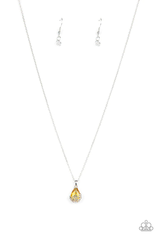 Paparazzi Accessories Flower Patch Fabulous - Yellow Dainty silver flowers adorn the bottom of a sparkly yellow teardrop gem at the bottom of a dainty silver chain, creating a prismatic pendant below the collar. Features an adjustable clasp closure. Sold
