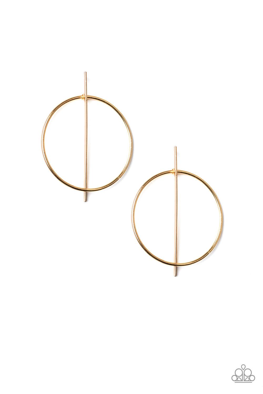 Paparazzi Accessories Vogue Visionary ~Gold A glistening gold hoop is threaded through a flat gold rod, creating an abstract frame. Earring attaches to a standard post fitting.