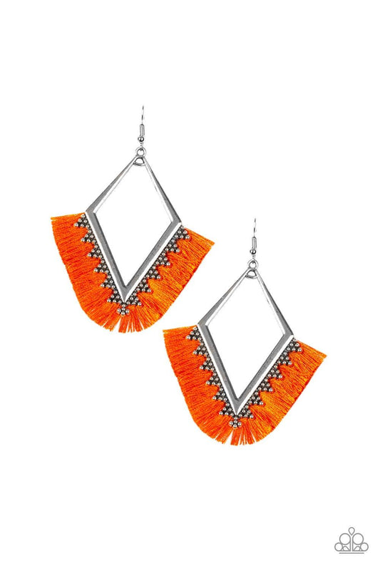 Paparazzi Accessories When in Peru - Orange A fan of shiny orange thread flares out from the bottom of a kite-shaped silver frame radiating with studded details for a flirtatious look. Earring attaches to a standard fishhook fitting. Jewelry