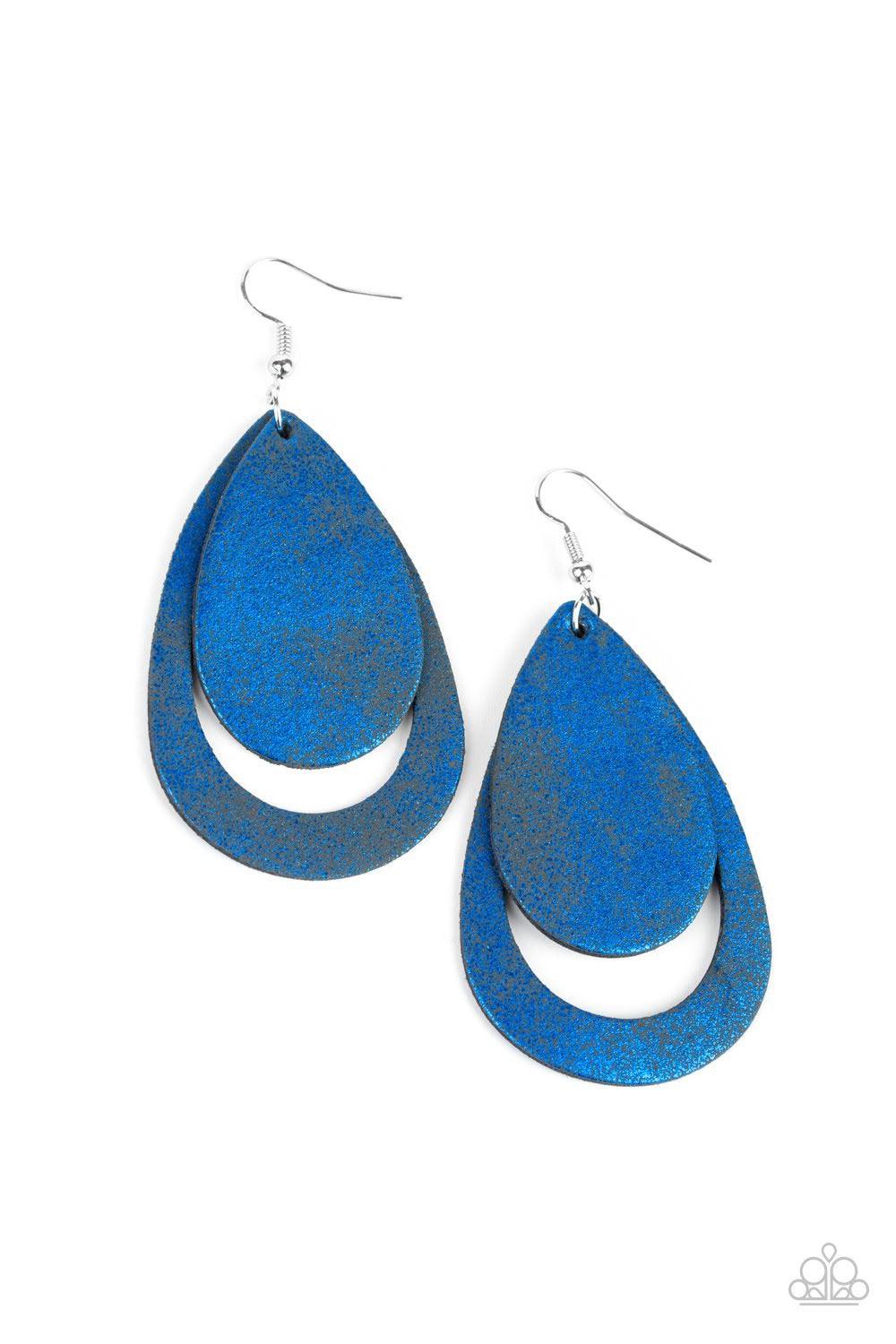 Paparazzi Accessories Fiery Firework - Blue Brushed in a metallic blue finish, sparkling leather teardrops drip from the ear, coalescing into a trendy lure. Earring attaches to a standard fishhook fitting. Jewelry