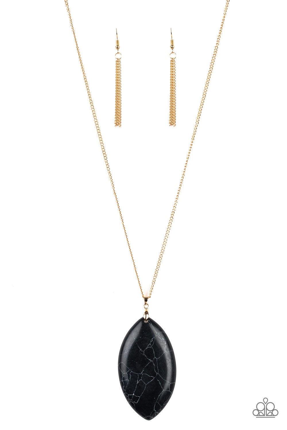 Paparazzi Accessories Santa Fe Simplicity - Black Chiseled into a tranquil almond-shape, an oversized black stone pendant swings from the bottom of a lengthened gold chain in a seasonal fashion. Features an adjustable clasp closure. Jewelry