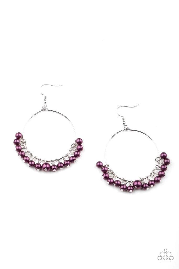 Paparazzi Accessories Things Are Looking UPSCALE ~Purple Bubbly Magenta Purple pearls swing from the bottom of a dainty silver hoop, creating a refined fringe. Earring attaches to a standard fishhook fitting. Earrings