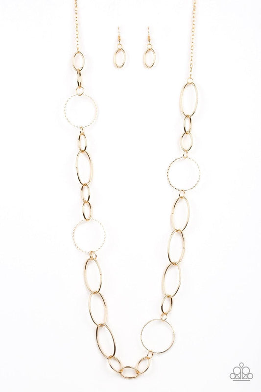 Paparazzi Accessories Perfect MISMATCH - Gold An array of smooth and textured gold hoops connect across the chest, creating a bold mismatched palette. Features an adjustable clasp closure. Jewelry