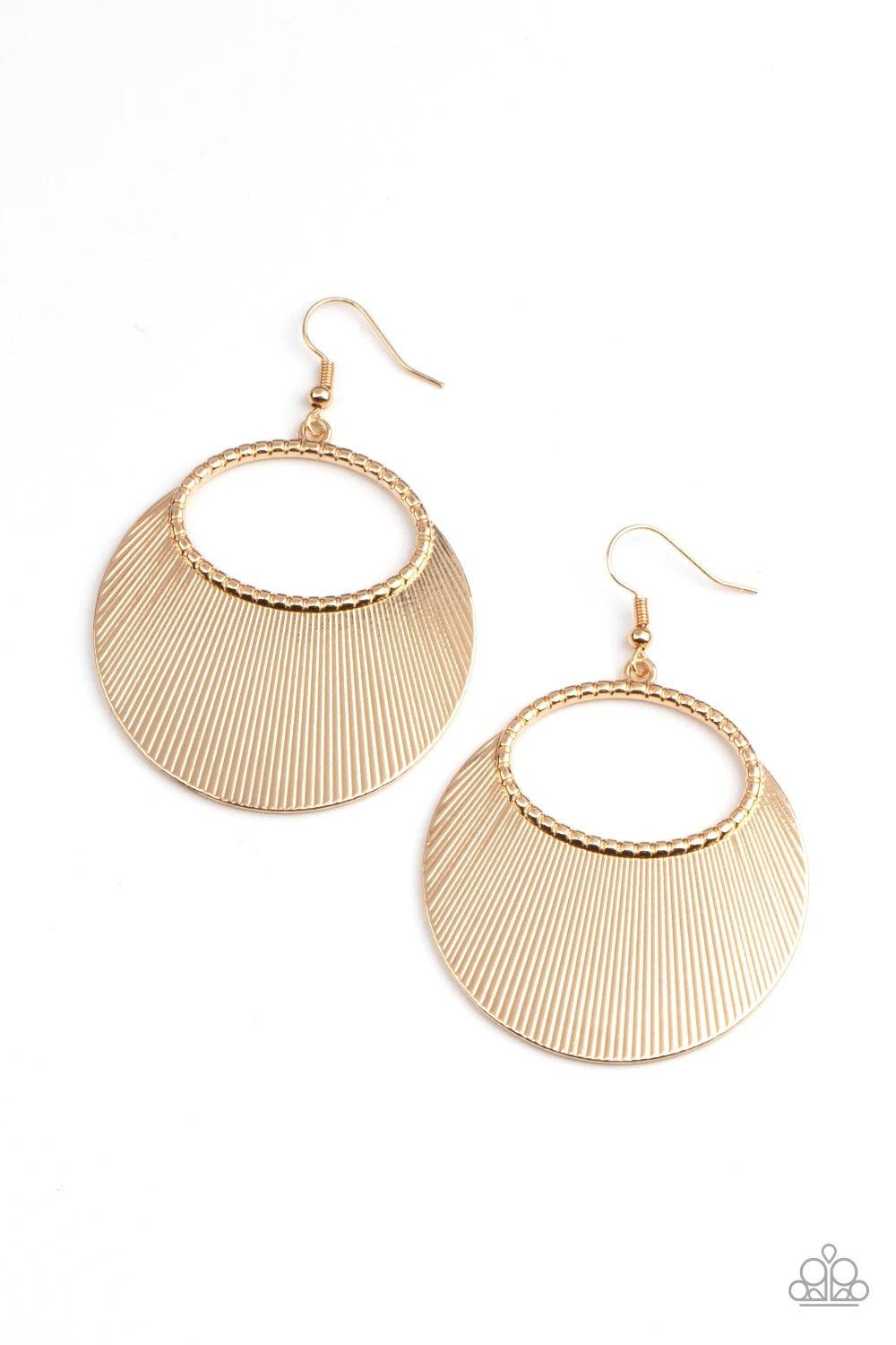 Paparazzi Accessories Fan Girl Glam - Gold Etched in linear texture, a crescent shaped plate fans out from the bottom of a textured gold oval, coalescing into a blinging metallic display. Earring attaches to a standard fishhook fitting. Sold as one pair o