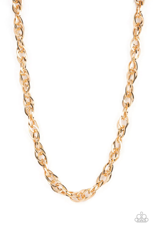 Paparazzi Accessories Custom Couture - Gold An oversized assortment of gold oval links daringly interlocks across the chest, creating a bold metallic statement. Features an adjustable clasp closure. Sold as one individual necklace. Necklaces