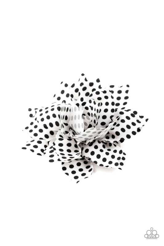Paparazzi Accessories Springtime Social - White Dotted in black polka dots, soft white petals gather into a playful blossom for a seasonal look. Features a standard hair clip. Sold as one individual hair clip. Hair Accessories