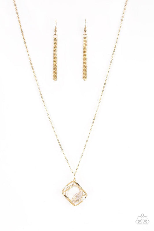 Paparazzi Accessories Pandora’s Box - Gold Gold circles join into an alluring 3-D box. A detached white gem freely sits in the gold box creating the illusion of a floating gem. The bright gold and dazzling gem create an incandescent design. Features an ad