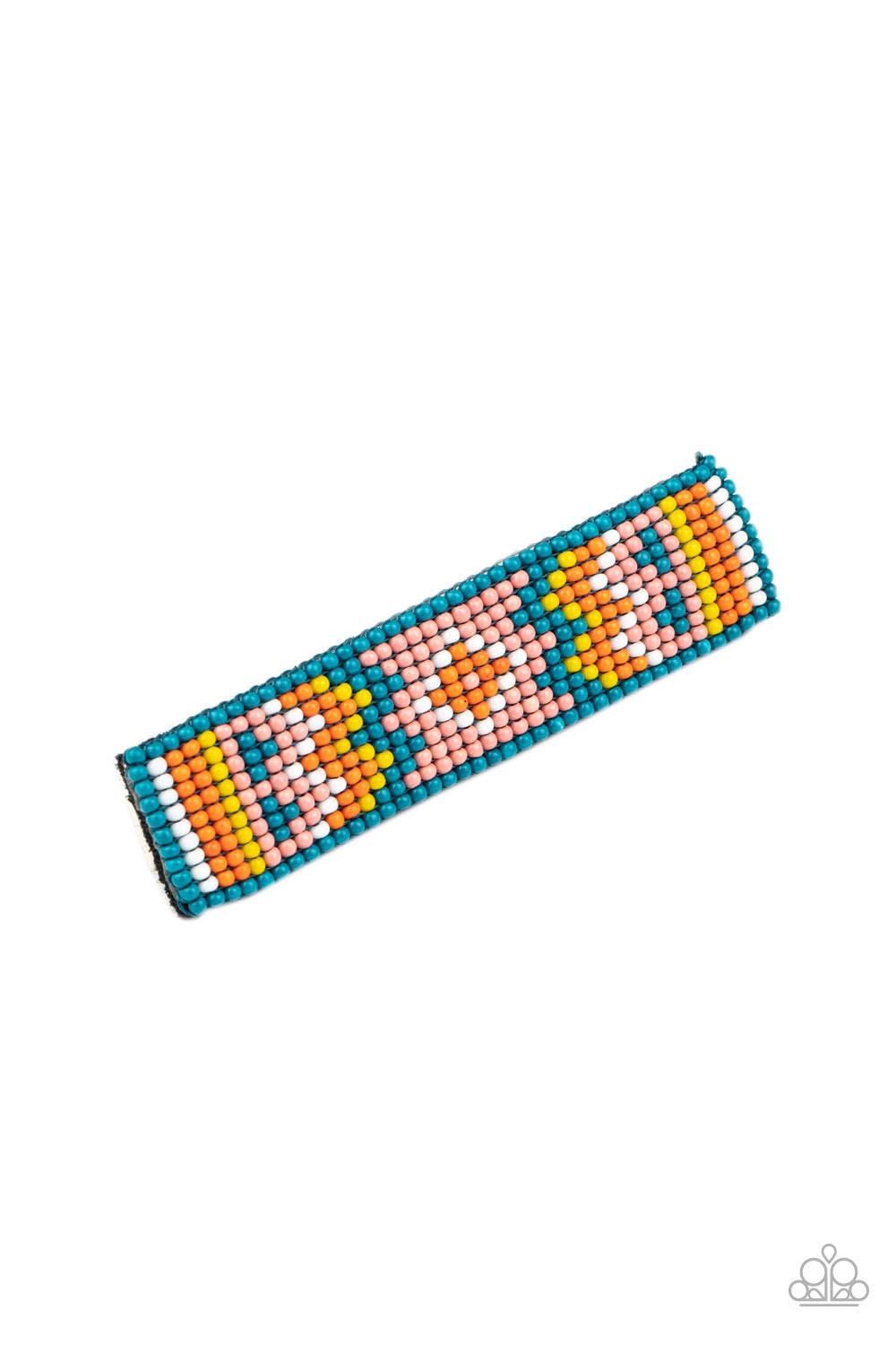 Paparazzi Accessories Lay of the Desert - Multi A dainty collection of blue, yellow, orange, white, and Rose Tan beads delicately embellish the front of a black frame, stacking into a colorful textile pattern. Features a standard hair clip on the back. So