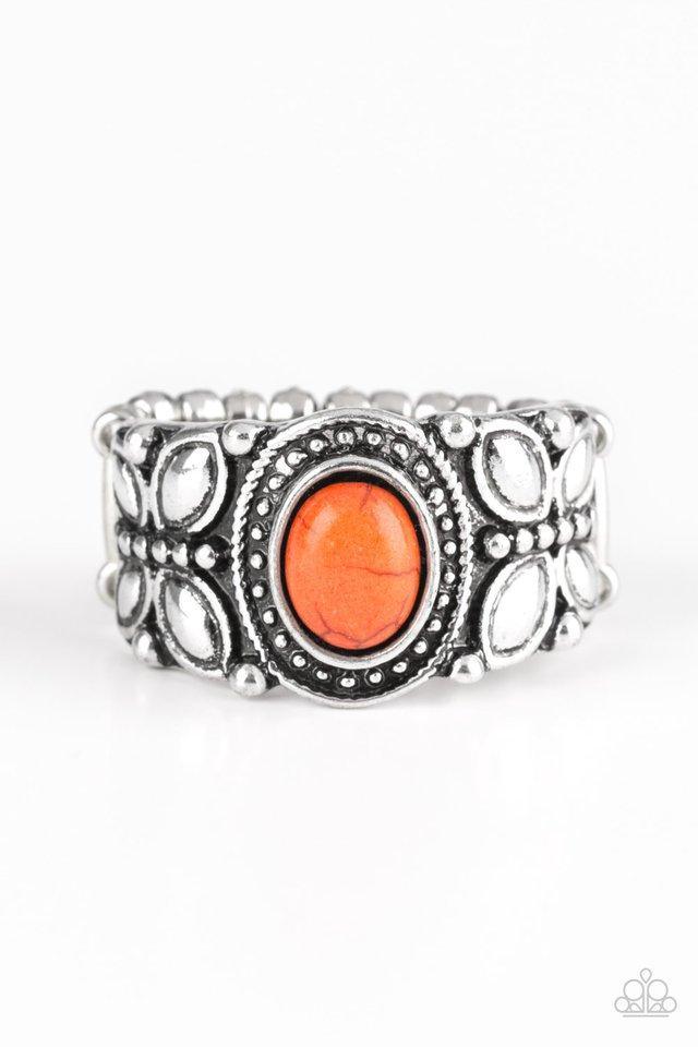 Paparazzi Accessories Butterfly Belle - Orange A refreshing orange stone is pressed into a shimmery silver band radiating with butterfly details for a whimsical look. Features a stretchy band for a flexible fit. Sold as one individual ring. Jewelry